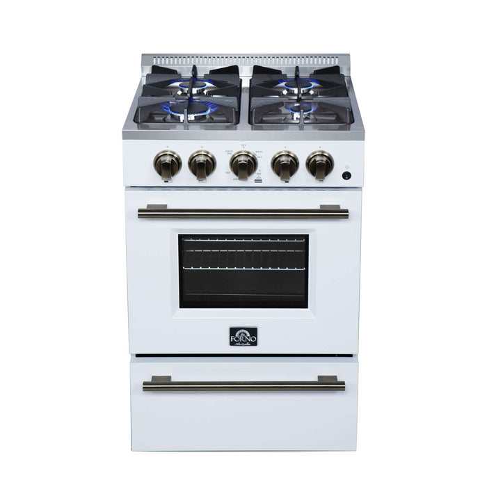 Forno Breno 24 Inch Freestanding Gas Range in White with Antique Brass, Compact Design