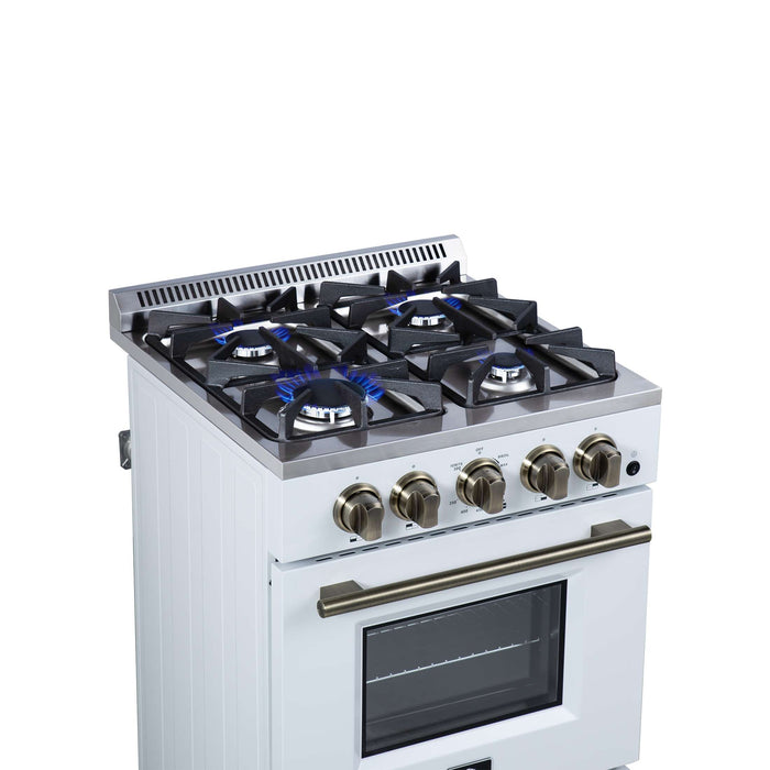 Forno Breno 24 Inch Freestanding Gas Range in White with Antique Brass, Compact Design