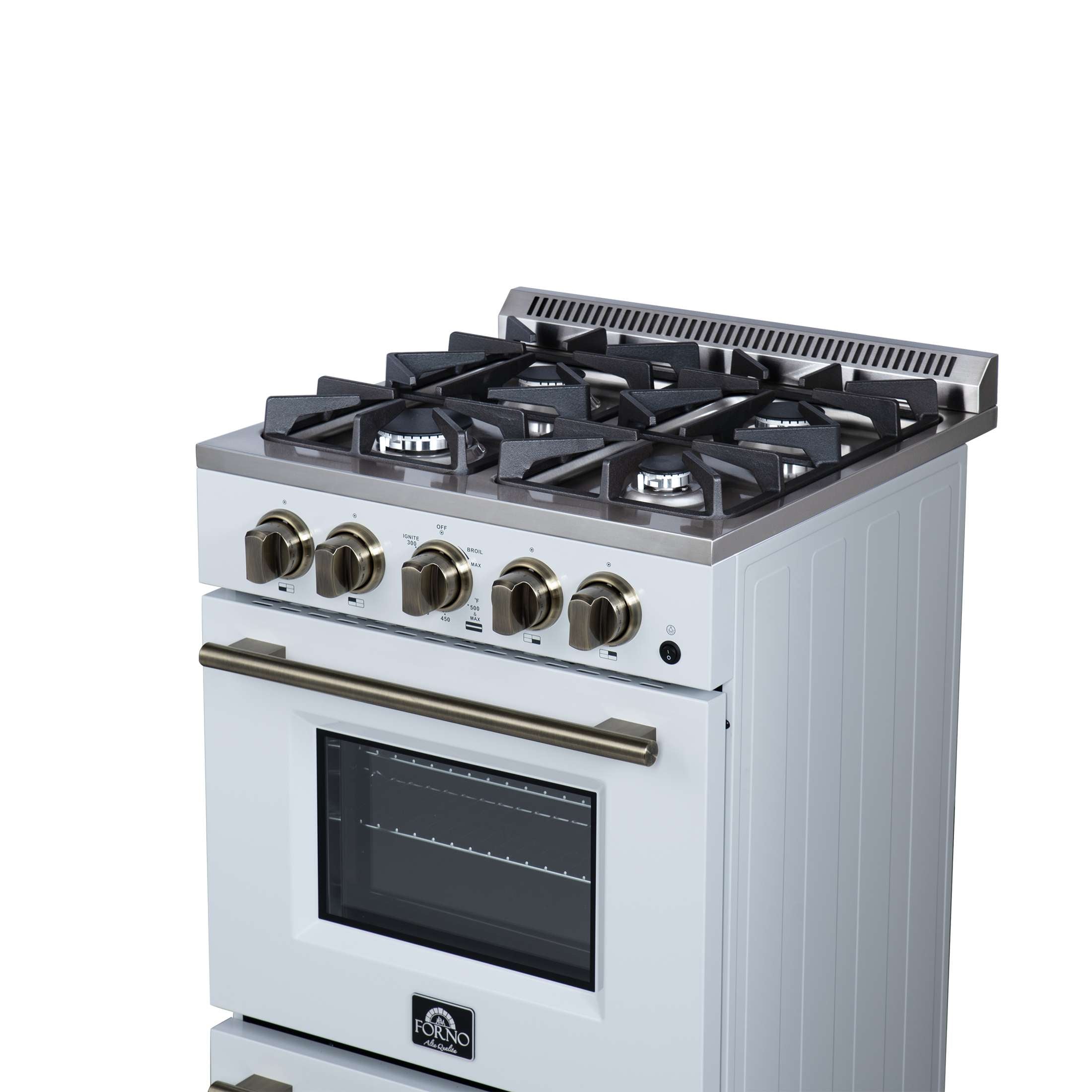 Forno Breno 24 Inch Freestanding Gas Range in White with Antique Brass, Compact Design