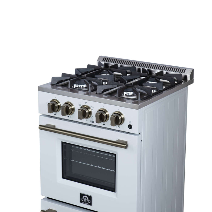 Forno Breno 24 Inch Freestanding Gas Range in White with Antique Brass, Compact Design