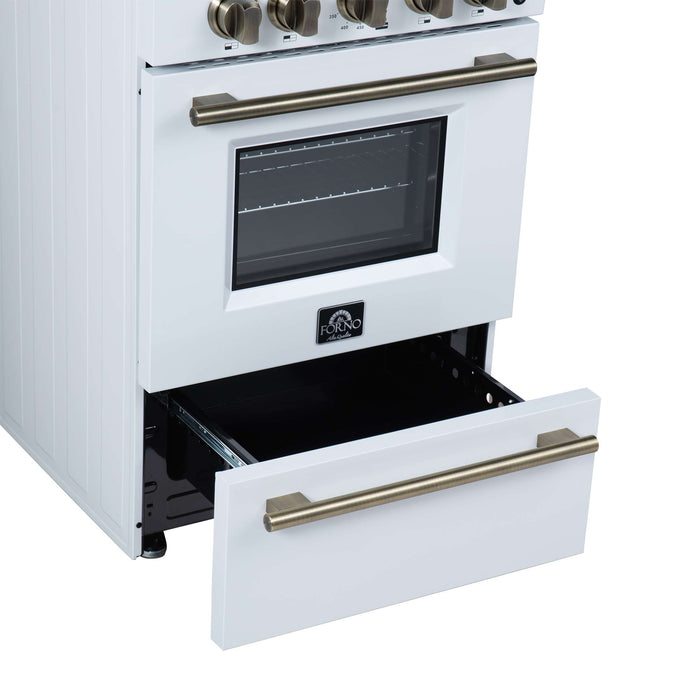 Forno Breno 24 Inch Freestanding Gas Range in White with Antique Brass, Compact Design