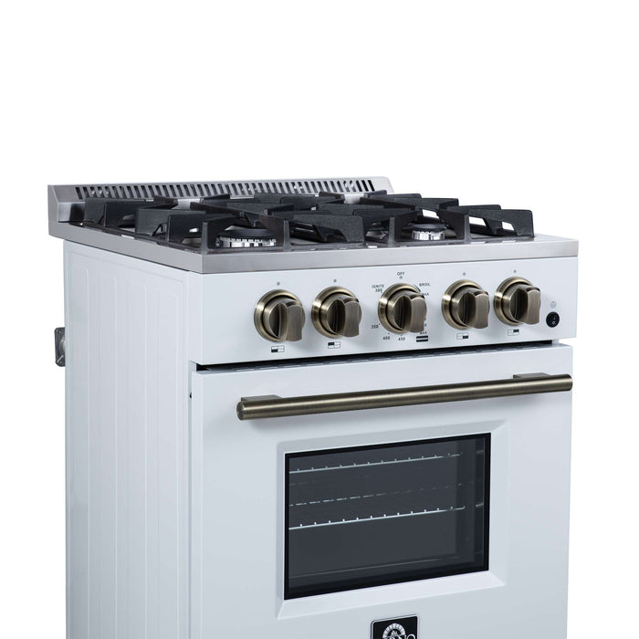 Forno Breno 24 Inch Freestanding Gas Range in White with Antique Brass, Compact Design