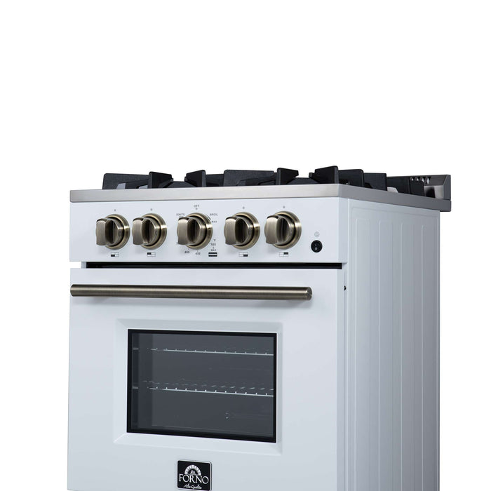 Forno Breno 24 Inch Freestanding Gas Range in White with Antique Brass, Compact Design