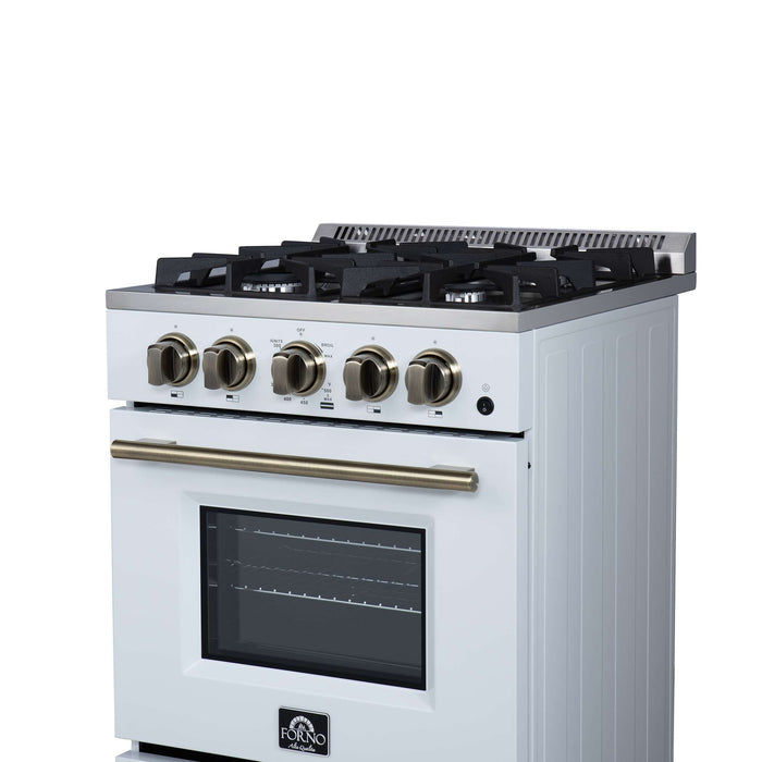 Forno Breno 24 Inch Freestanding Gas Range in White with Antique Brass, Compact Design