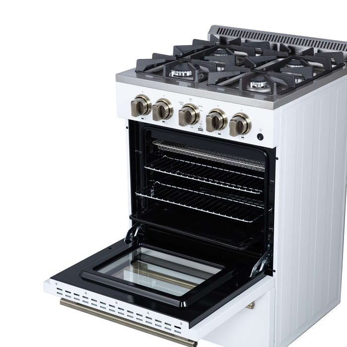 Forno Breno 24 Inch Freestanding Gas Range in White with Antique Brass, Compact Design