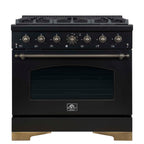 Forno Antico 36-Inch Freestanding Gas Range, Black, Antique Brass Design, 6 Burners, Convection Oven, Energy Efficient