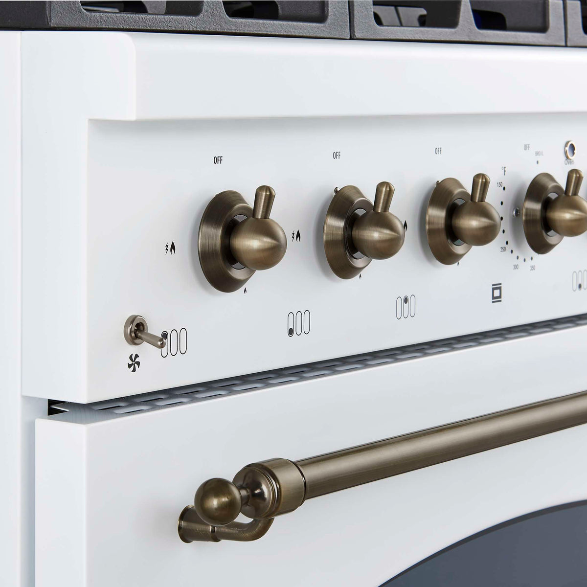 Forno Antico 36-Inch Freestanding Gas Range, White, Antique Brass Design, 6 Burners, Convection Oven, Energy Efficient