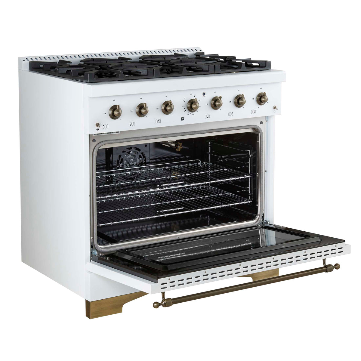 Forno Antico 36-Inch Freestanding Gas Range, White, Antique Brass Design, 6 Burners, Convection Oven, Energy Efficient