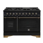 Forno Antico 48-Inch Freestanding Gas Range, Black, Antique Brass Design, 8 Burners, Griddle, Double Ovens, Energy Efficient