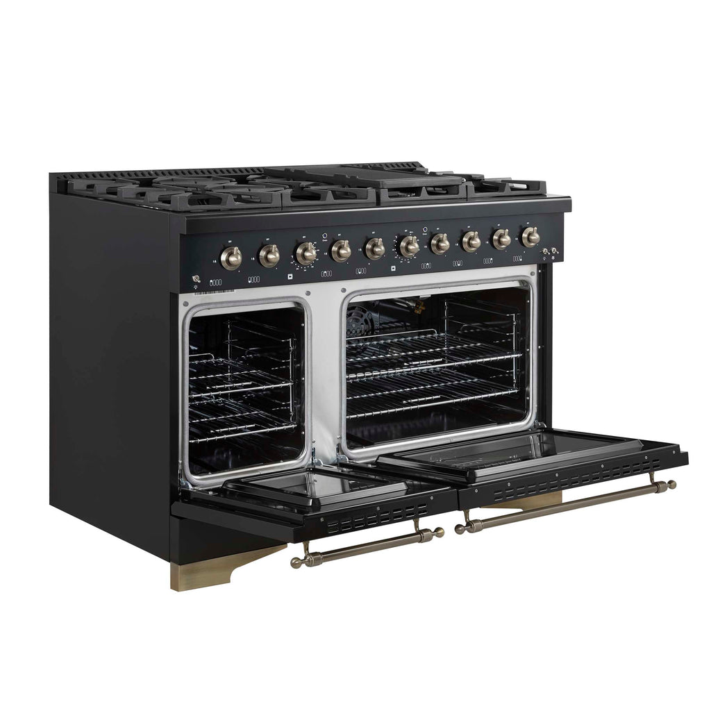 Forno Antico 48-Inch Freestanding Gas Range, Black, Antique Brass Design, 8 Burners, Griddle, Double Ovens, Energy Efficient