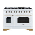 Forno Antico 48-Inch Freestanding Gas Range, White, Antique Brass Design, 8 Burners, Griddle, Double Ovens, Energy Efficient