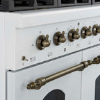 Forno Antico 48-Inch Freestanding Gas Range, White, Antique Brass Design, 8 Burners, Griddle, Double Ovens, Energy Efficient