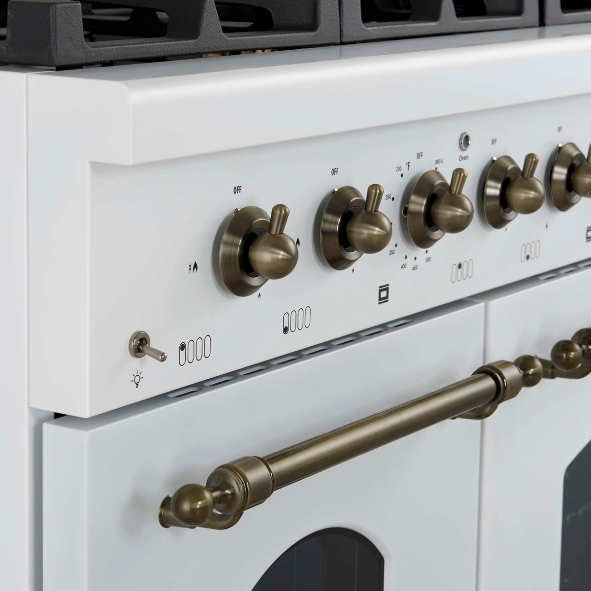 Forno Antico 48-Inch Freestanding Gas Range, White, Antique Brass Design, 8 Burners, Griddle, Double Ovens, Energy Efficient