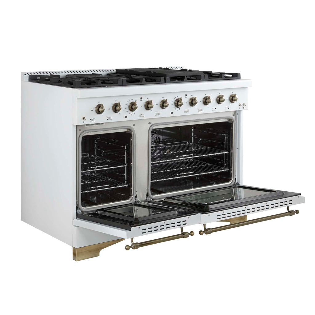 Forno Antico 48-Inch Freestanding Gas Range, White, Antique Brass Design, 8 Burners, Griddle, Double Ovens, Energy Efficient