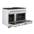 Forno Antico 48-Inch Freestanding Gas Range, White, Antique Brass Design, 8 Burners, Griddle, Double Ovens, Energy Efficient