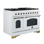 Forno Antico 48-Inch Freestanding Gas Range, White, Antique Brass Design, 8 Burners, Griddle, Double Ovens, Energy Efficient