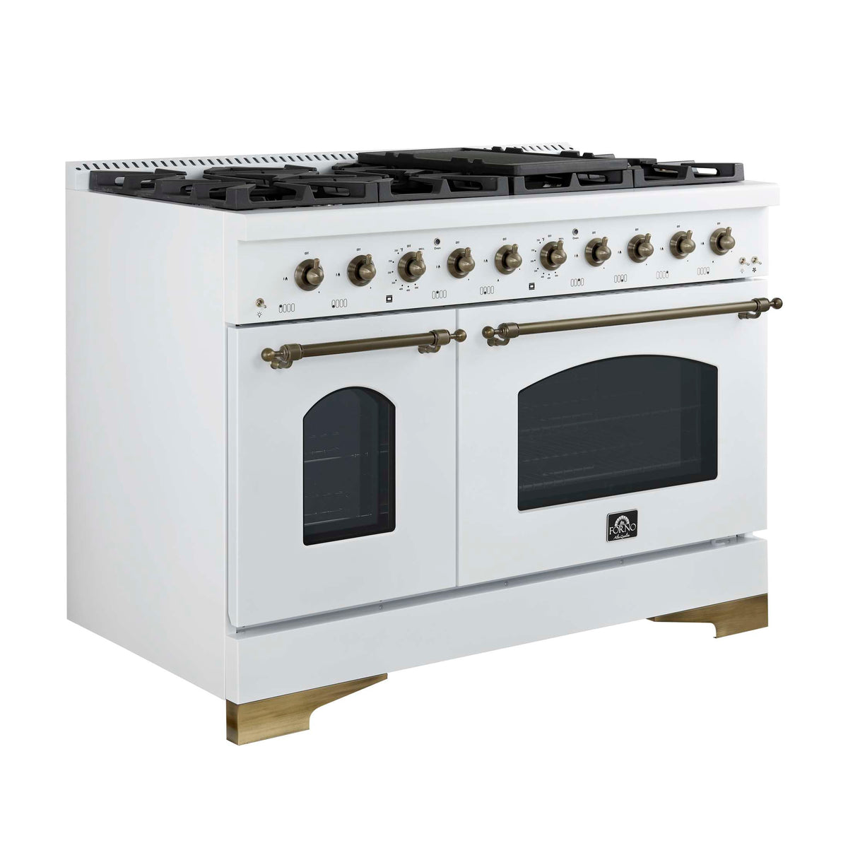 Forno Antico 48-Inch Freestanding Gas Range, White, Antique Brass Design, 8 Burners, Griddle, Double Ovens, Energy Efficient