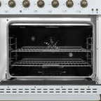 Forno Antico 48-Inch Freestanding Gas Range, White, Antique Brass Design, 8 Burners, Griddle, Double Ovens, Energy Efficient