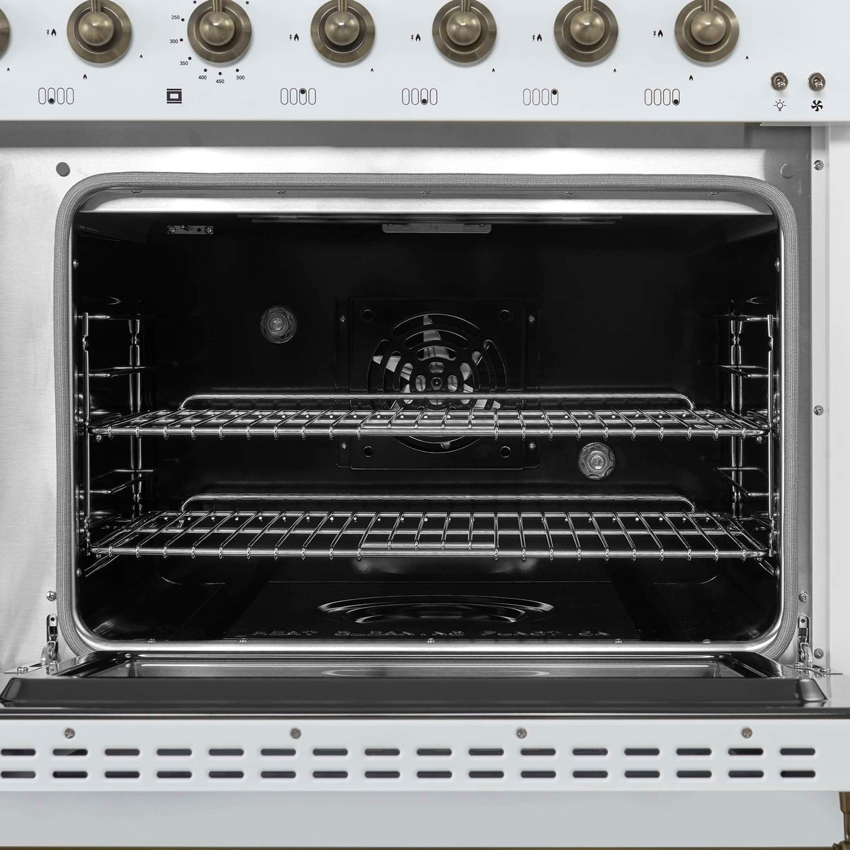 Forno Antico 48-Inch Freestanding Gas Range, White, Antique Brass Design, 8 Burners, Griddle, Double Ovens, Energy Efficient