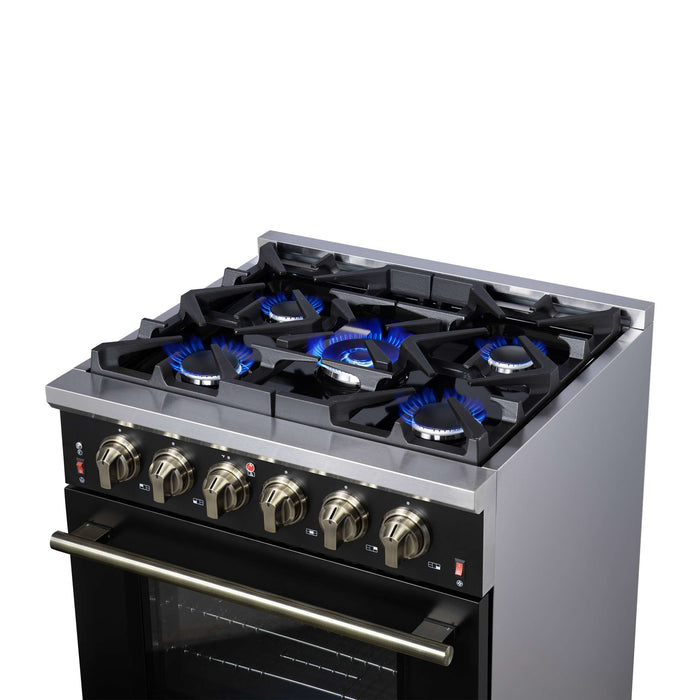 Forno Massimo 30-Inch Black Freestanding Gas Range, 4 Burners, True Convection Oven