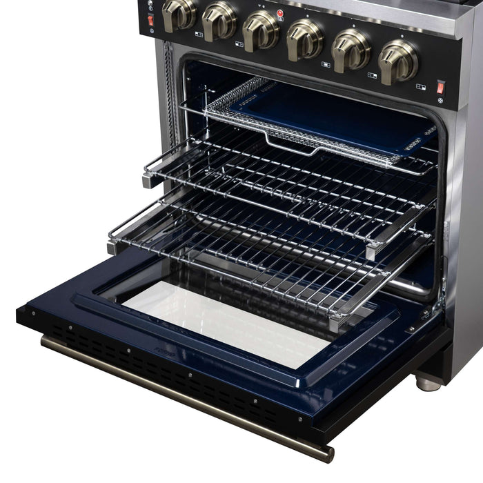 Forno Massimo 30-Inch Black Freestanding Gas Range, 4 Burners, True Convection Oven