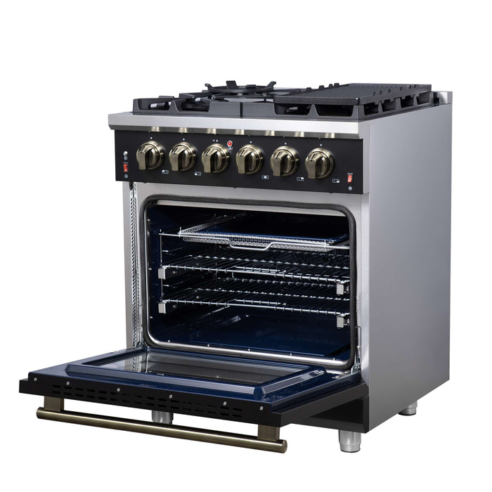Forno Massimo 30-Inch Black Freestanding Gas Range, 4 Burners, True Convection Oven