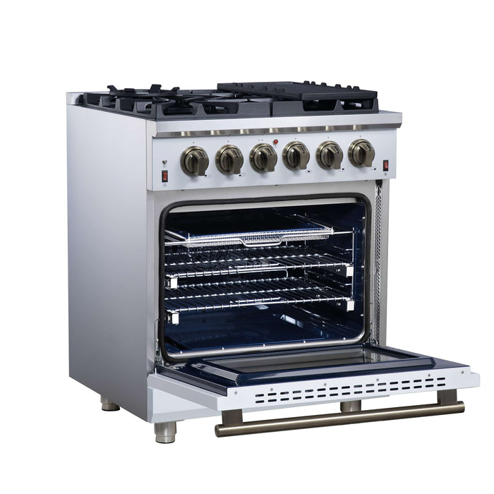 Forno Massimo 30-Inch White Freestanding Gas Range, 4 Burners, True Convection Oven
