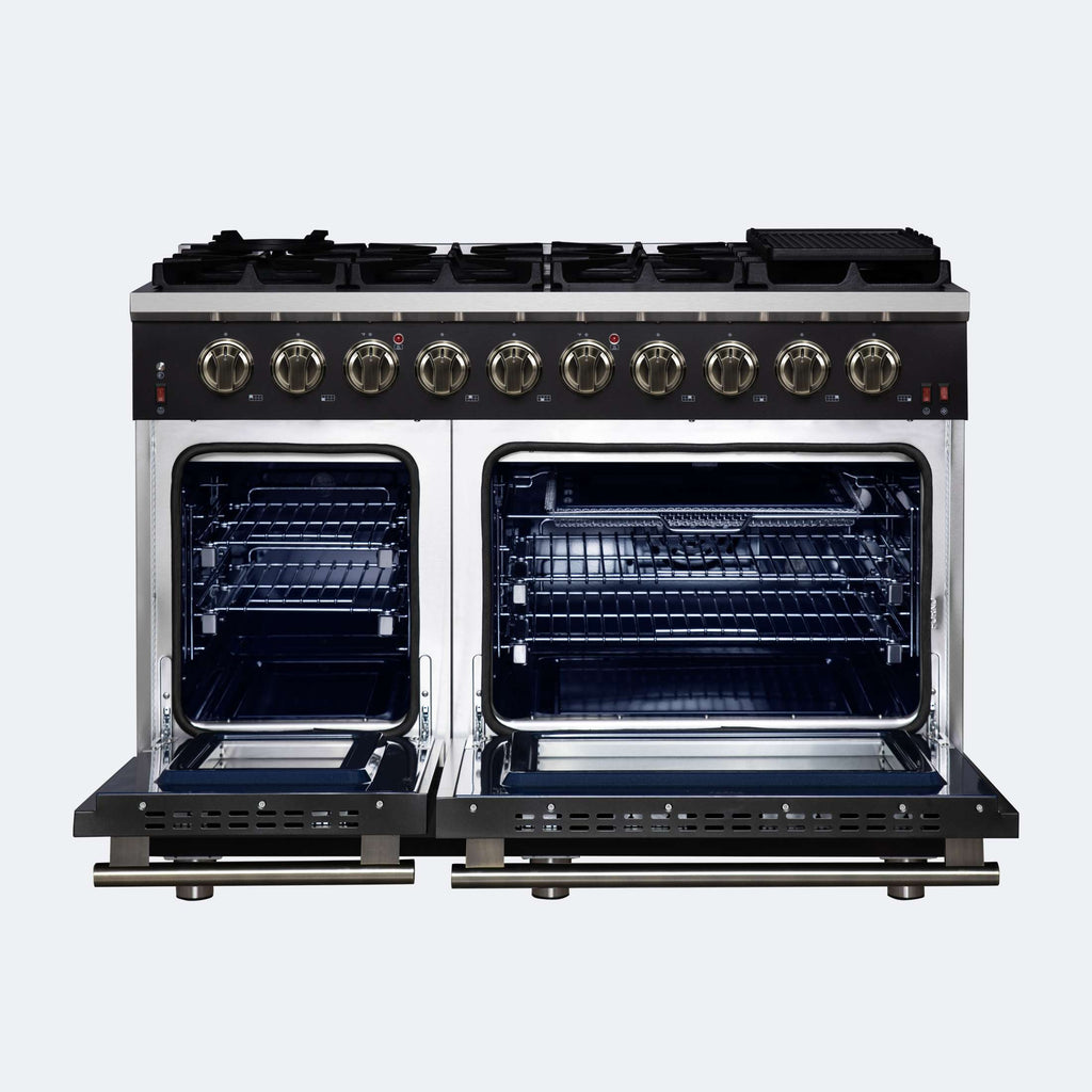 Forno Massimo 48-Inch Black Freestanding Gas Range, 8 Burners, True Convection Oven