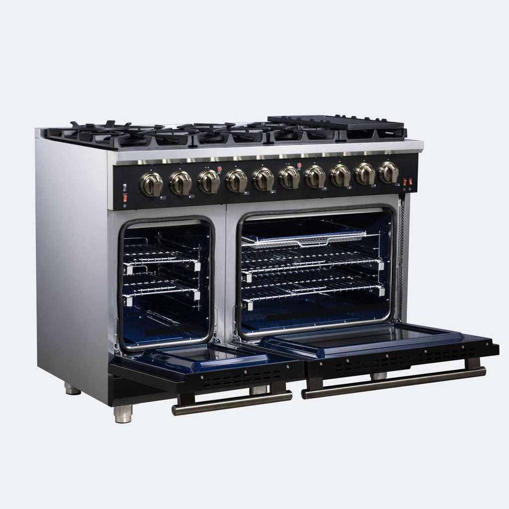 Forno Massimo 48-Inch Black Freestanding Gas Range, 8 Burners, True Convection Oven