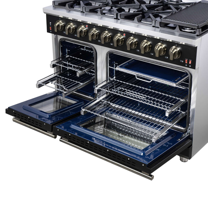 Forno Massimo 48-Inch Black Freestanding Gas Range, 8 Burners, True Convection Oven