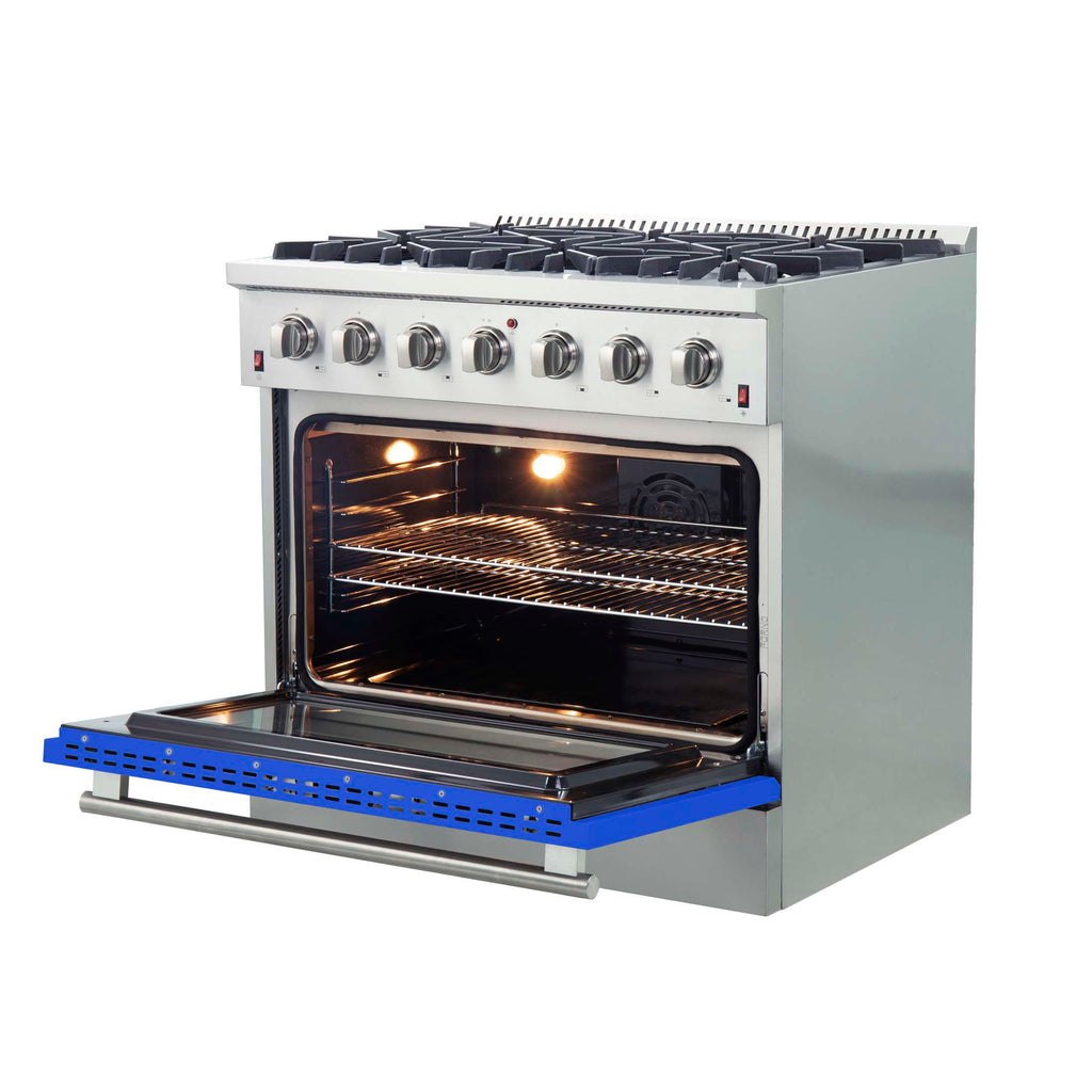 Forno Galiano 36-Inch Freestanding Gas Range, Stainless Steel, 6 Burners, Energy Efficient, Blue Door