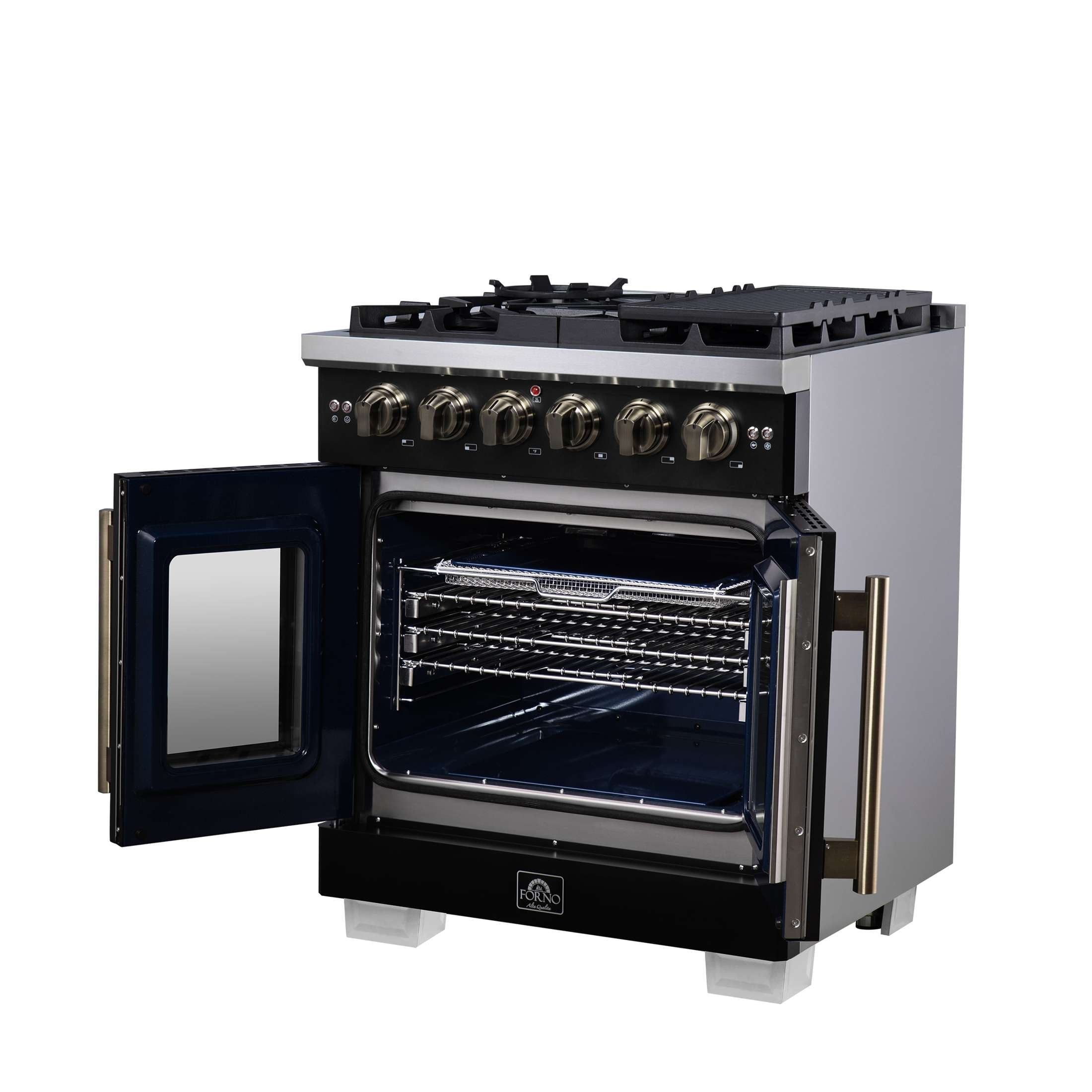 Forno Capriasca 30-Inch Freestanding French Door Gas Range, 4 Burners, Convection Oven, Energy Efficient