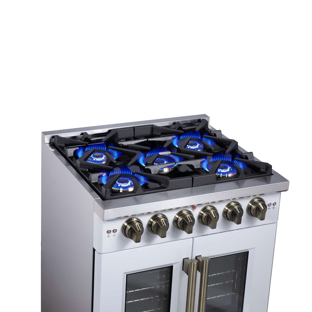 Forno Capriasca 30-Inch White Freestanding French Door Gas Range, 4 Burners, Convection Oven, Energy Efficient