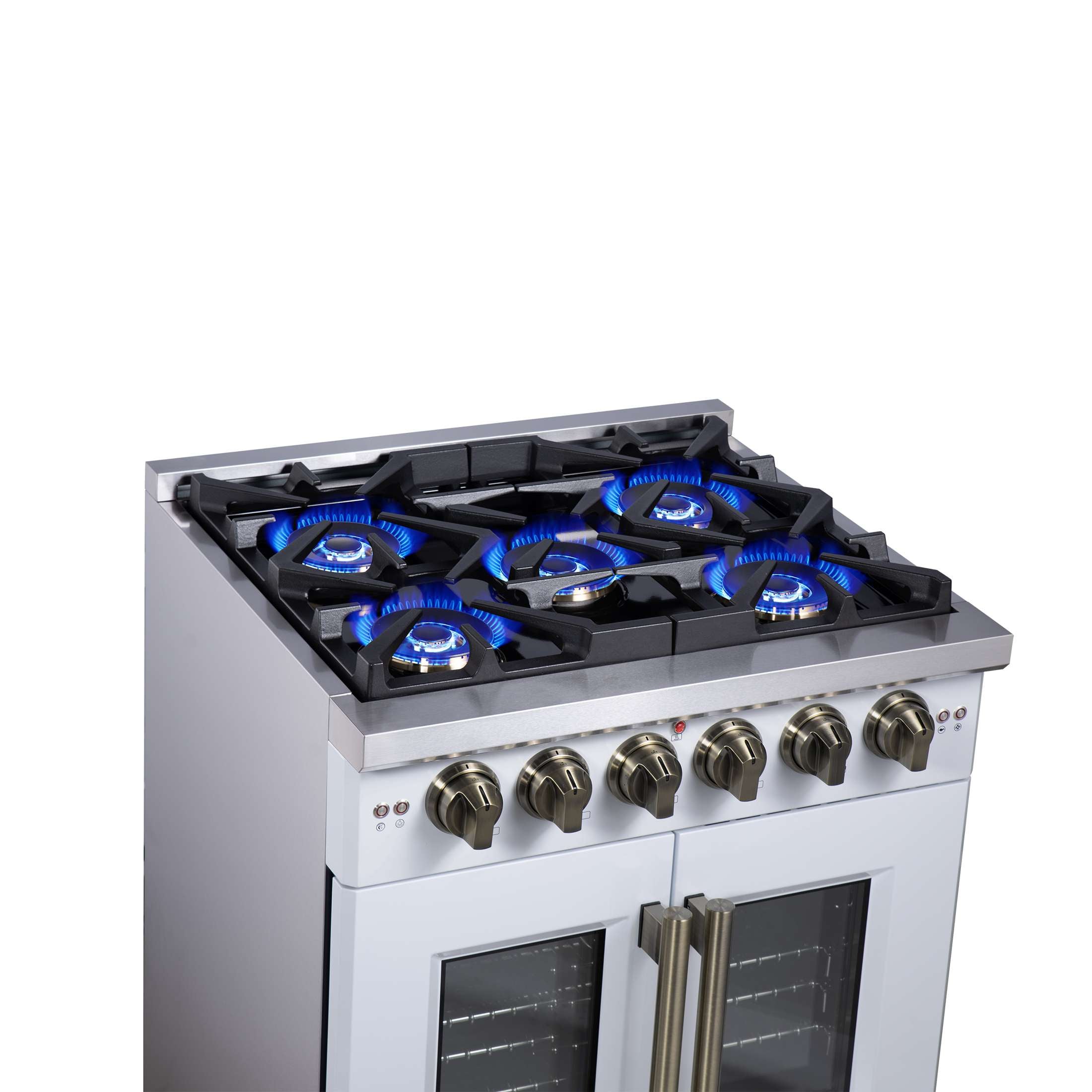 Forno Capriasca 30-Inch White Freestanding French Door Gas Range, 4 Burners, Convection Oven, Energy Efficient