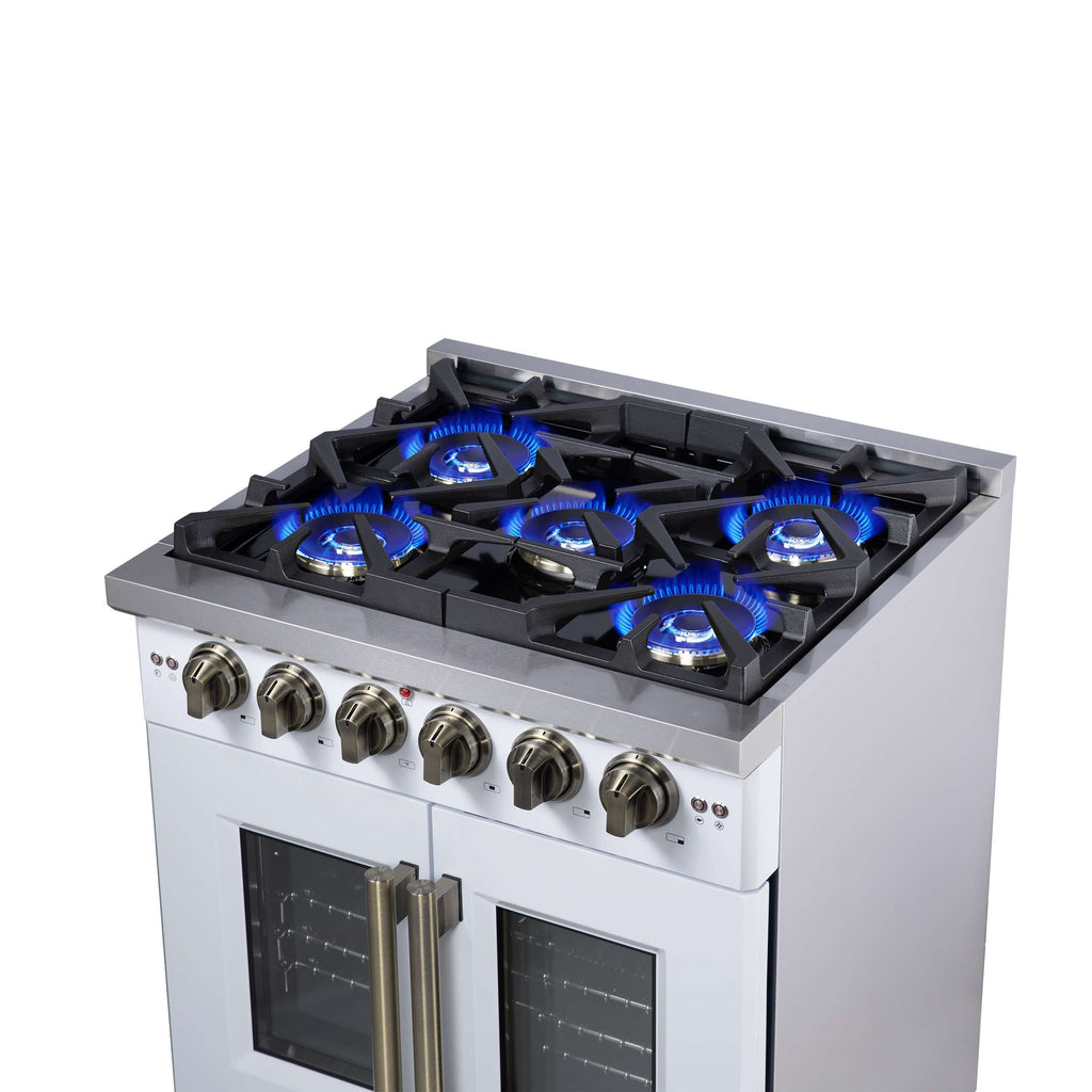 Forno Capriasca 30-Inch White Freestanding French Door Gas Range, 4 Burners, Convection Oven, Energy Efficient