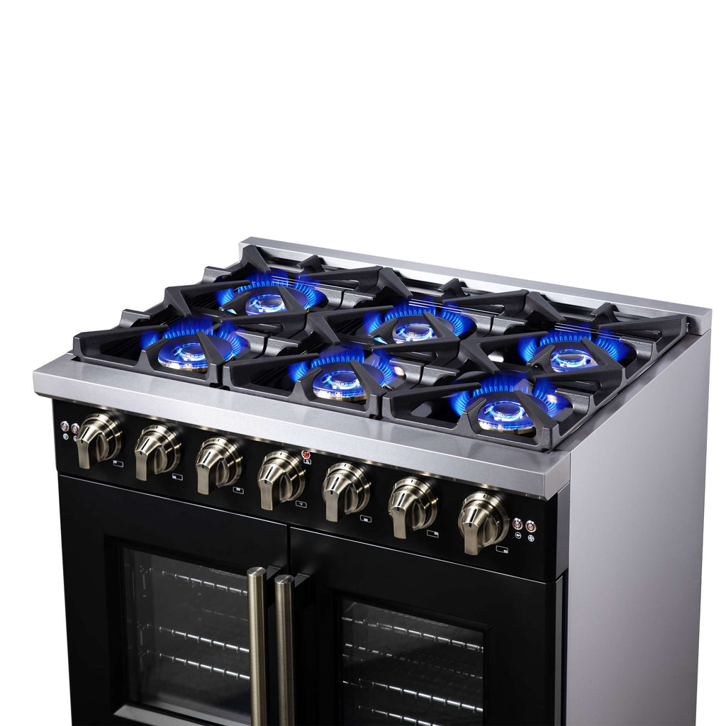 Forno Capriasca 36-Inch Black Freestanding French Door Gas Range, 6 Burners, Convection Oven, Energy Efficient