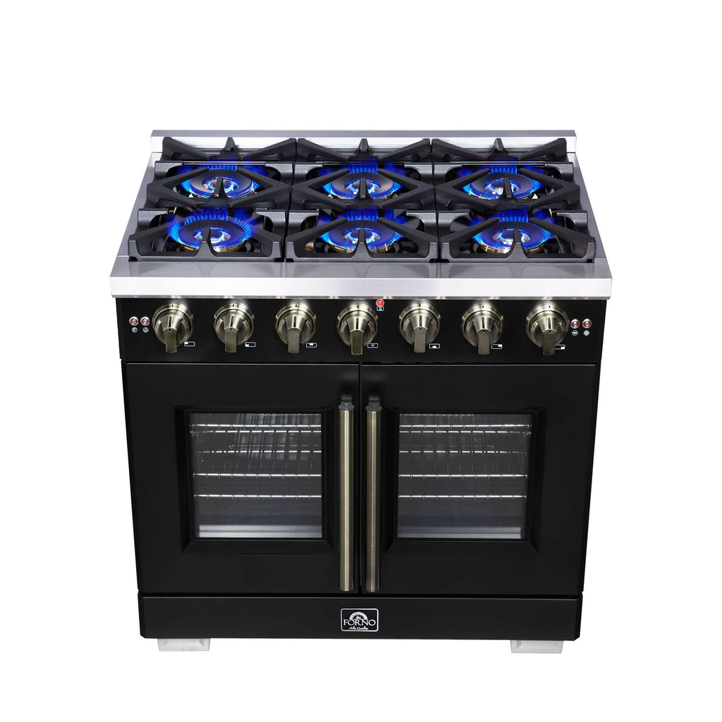 Forno Capriasca 36-Inch Black Freestanding French Door Gas Range, 6 Burners, Convection Oven, Energy Efficient
