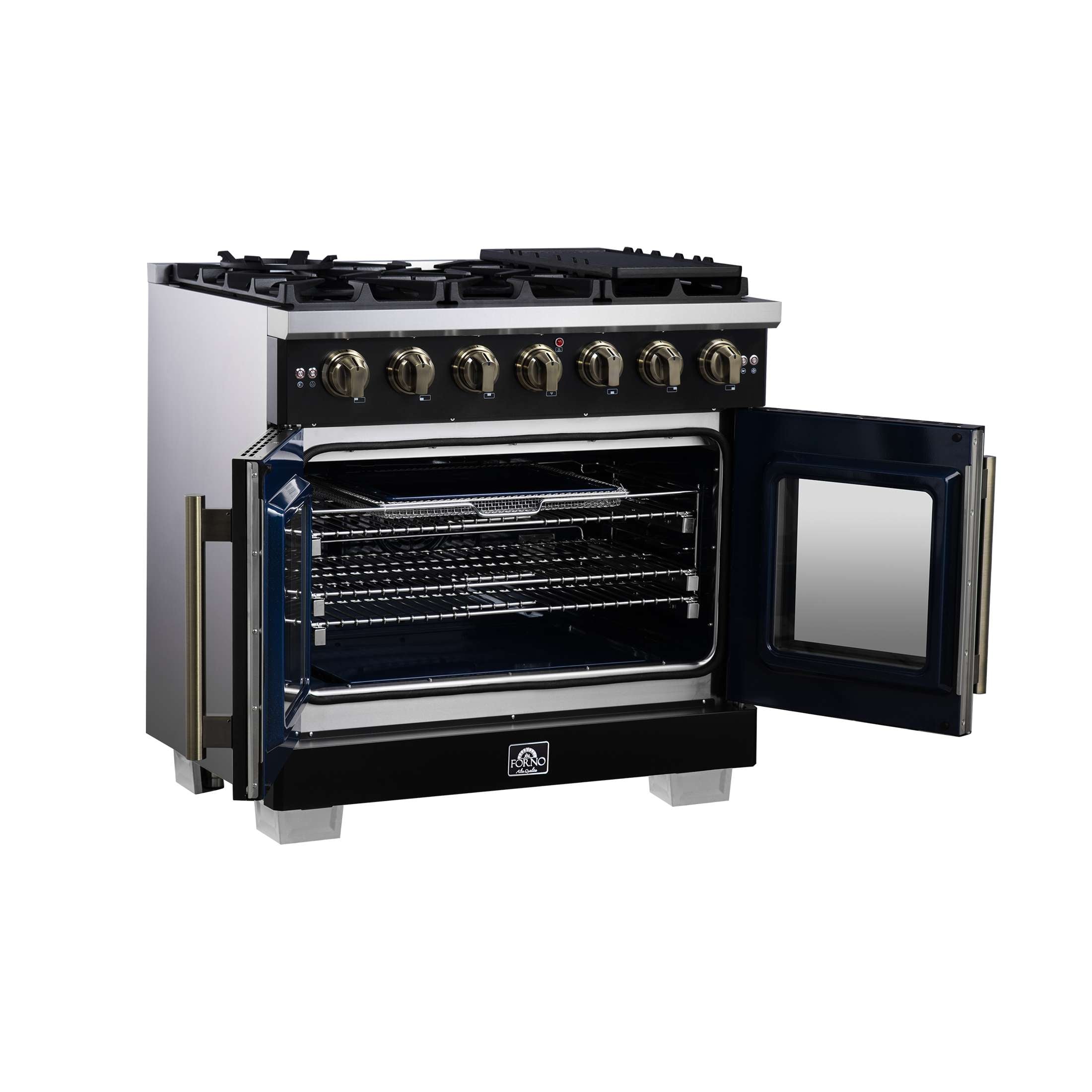 Forno Capriasca 36-Inch Black Freestanding French Door Gas Range, 6 Burners, Convection Oven, Energy Efficient