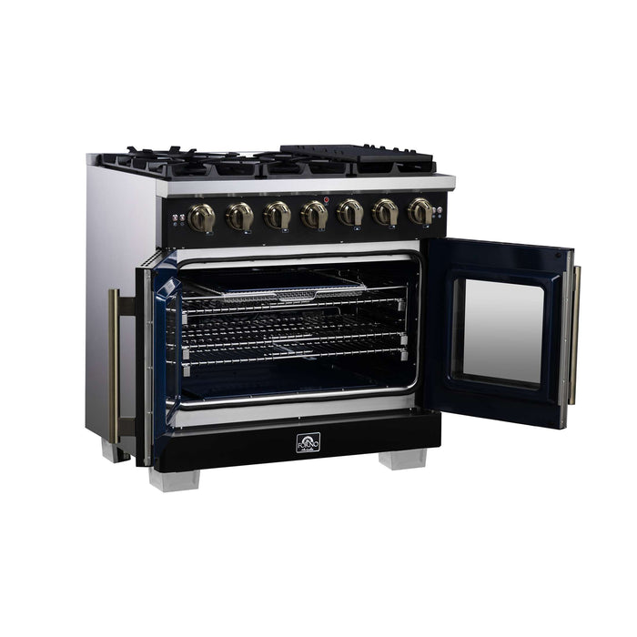 Forno Capriasca 36-Inch Black Freestanding French Door Gas Range, 6 Burners, Convection Oven, Energy Efficient