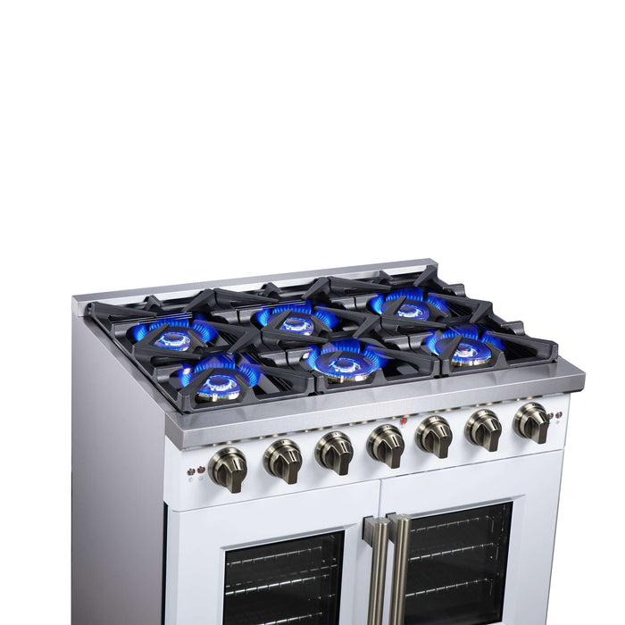 Forno Capriasca 36-Inch White Freestanding French Door Gas Range, 6 Burners, Convection Oven, Energy Efficient