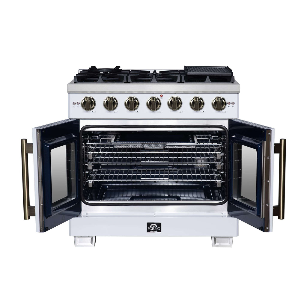 Forno Capriasca 36-Inch White Freestanding French Door Gas Range, 6 Burners, Convection Oven, Energy Efficient