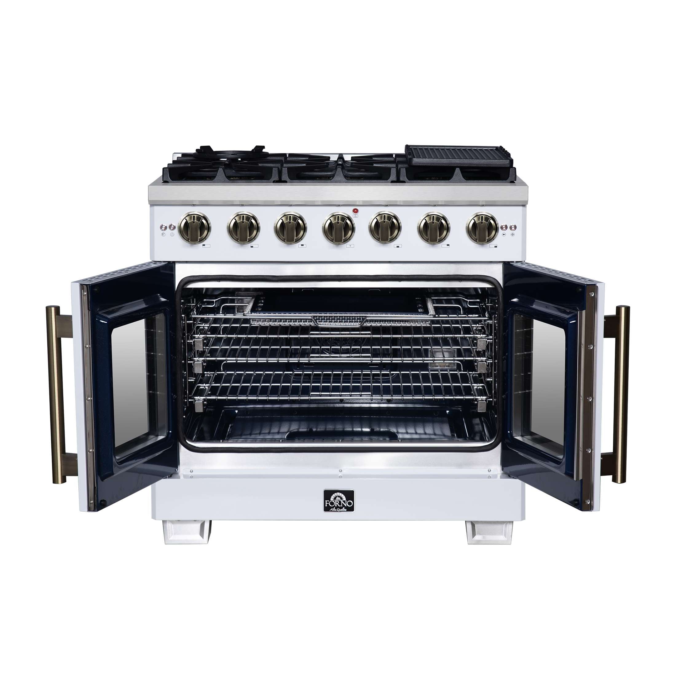 Forno Capriasca 36-Inch White Freestanding French Door Gas Range, 6 Burners, Convection Oven, Energy Efficient