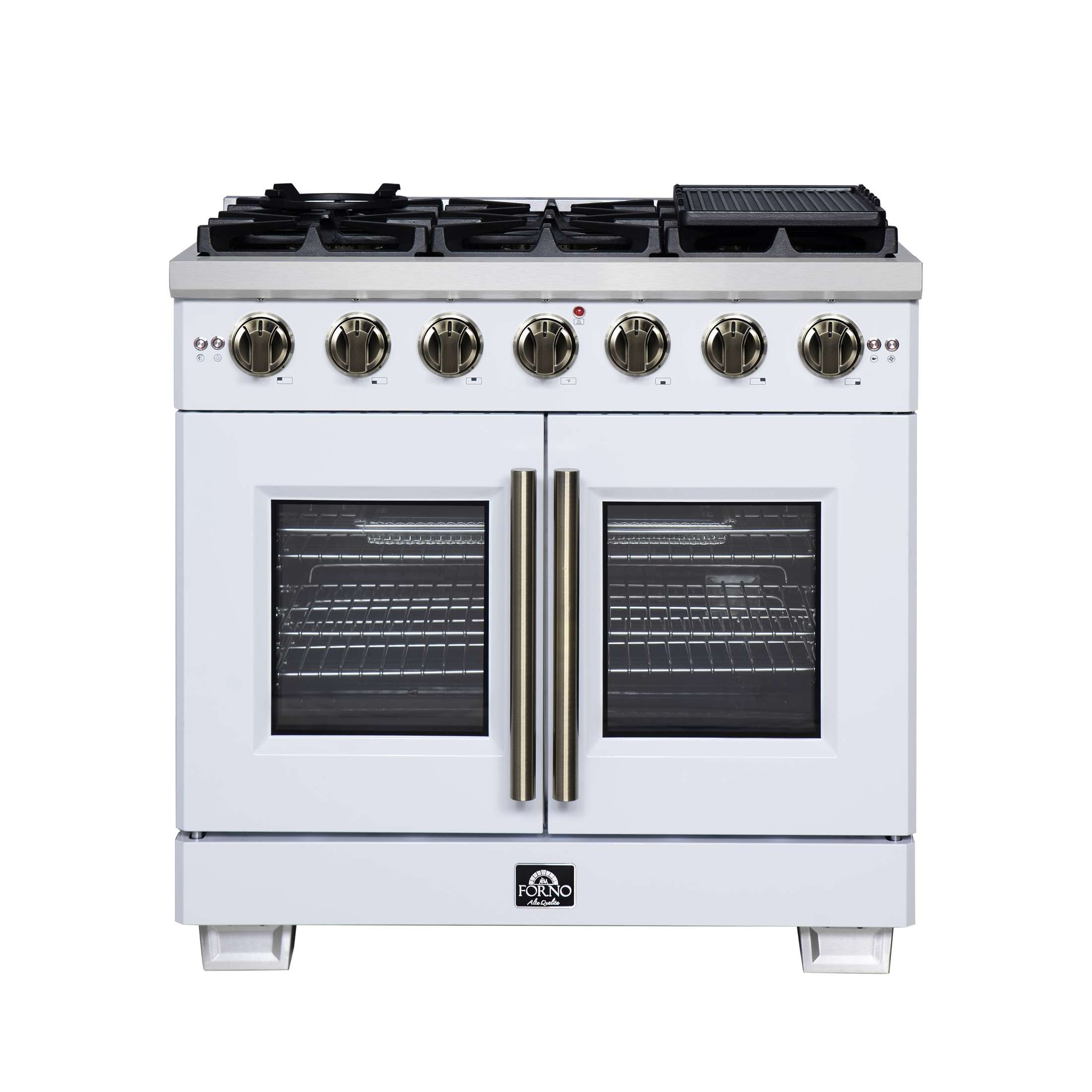 Forno Capriasca 36-Inch White Freestanding French Door Gas Range, 6 Burners, Convection Oven, Energy Efficient
