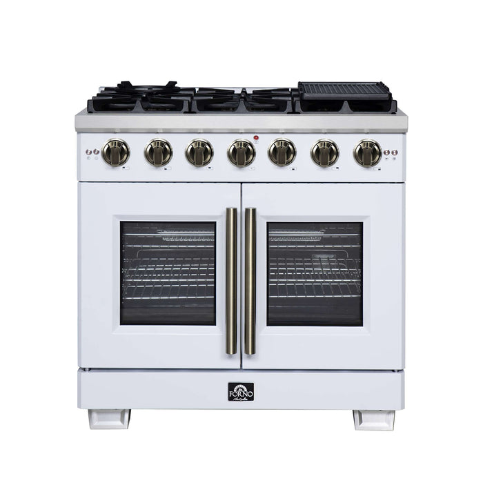 Forno Capriasca 36-Inch White Freestanding French Door Gas Range, 6 Burners, Convection Oven, Energy Efficient