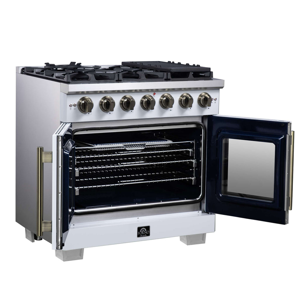 Forno Capriasca 36-Inch White Freestanding French Door Gas Range, 6 Burners, Convection Oven, Energy Efficient
