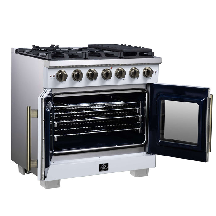 Forno Capriasca 36-Inch White Freestanding French Door Gas Range, 6 Burners, Convection Oven, Energy Efficient