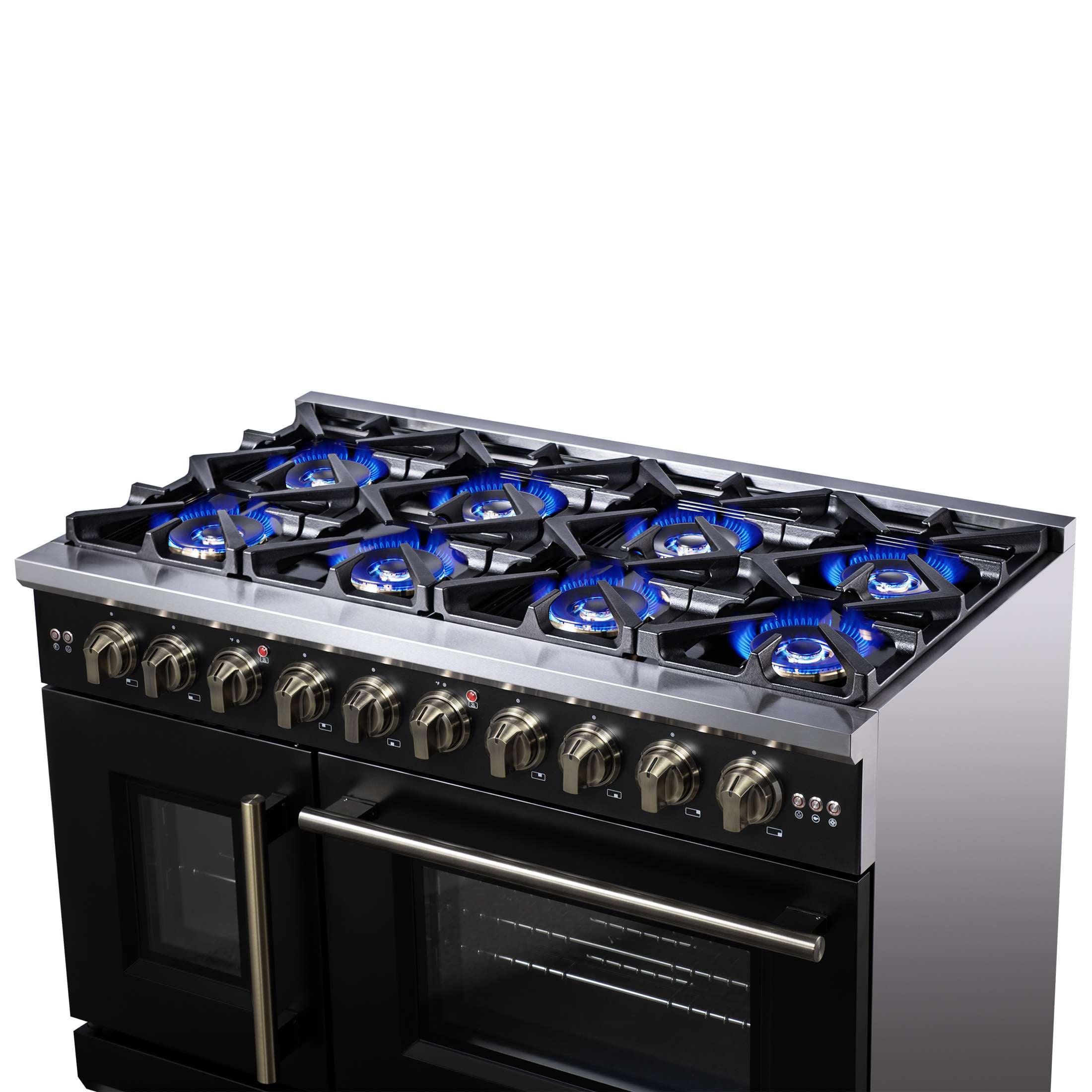 Forno Capriasca 48-Inch Black Freestanding French Door Gas Range, 8 Burners, Convection Oven, Energy Efficient