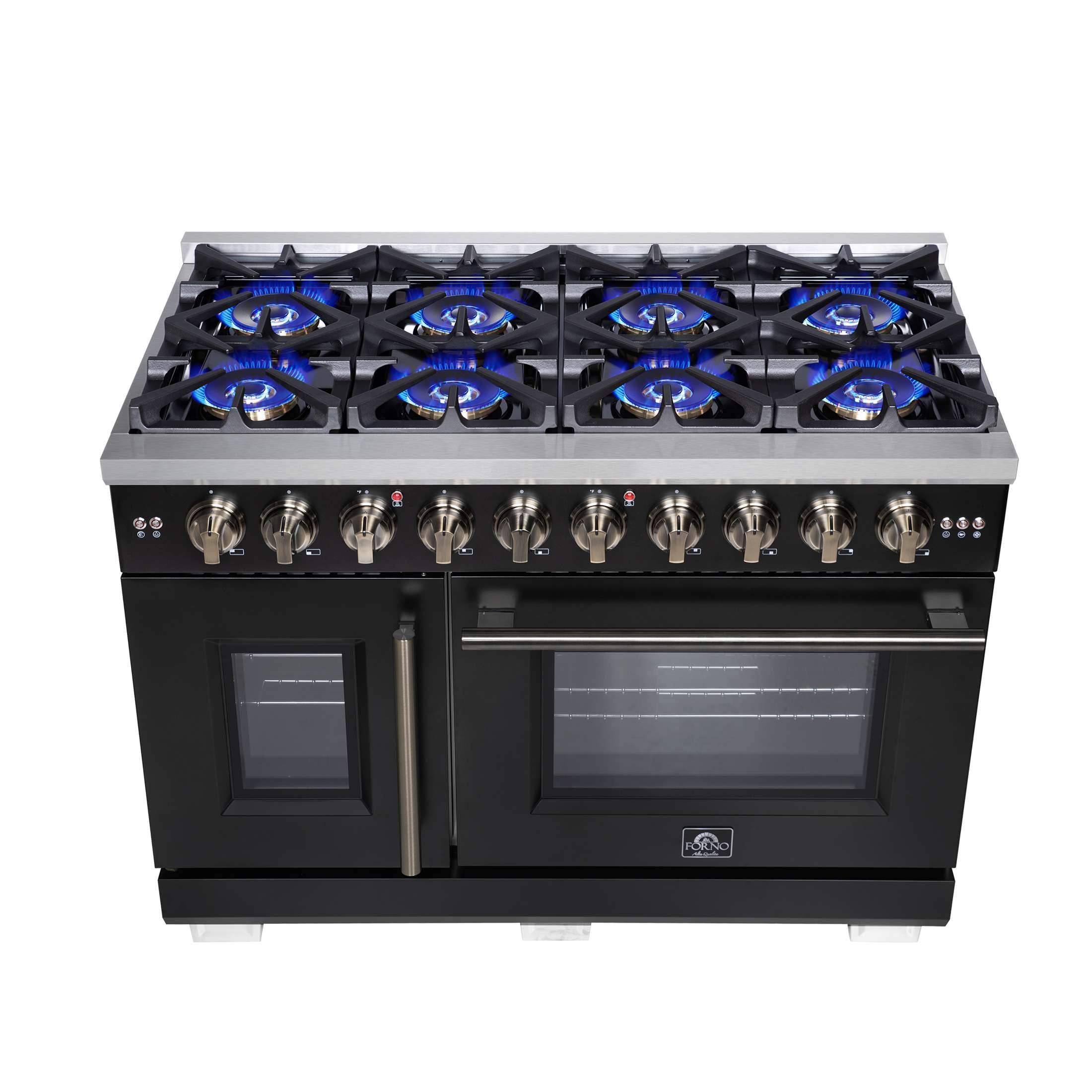 Forno Capriasca 48-Inch Black Freestanding French Door Gas Range, 8 Burners, Convection Oven, Energy Efficient