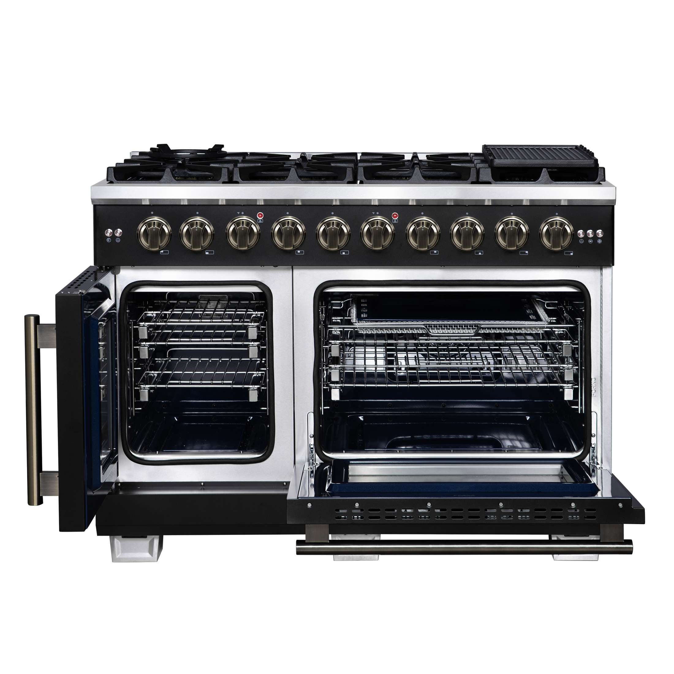 Forno Capriasca 48-Inch Black Freestanding French Door Gas Range, 8 Burners, Convection Oven, Energy Efficient