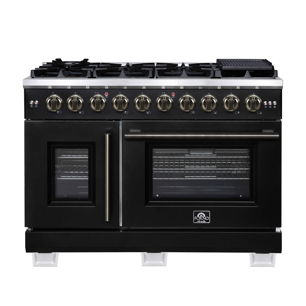 Forno Capriasca 48-Inch Black Freestanding French Door Gas Range, 8 Burners, Convection Oven, Energy Efficient